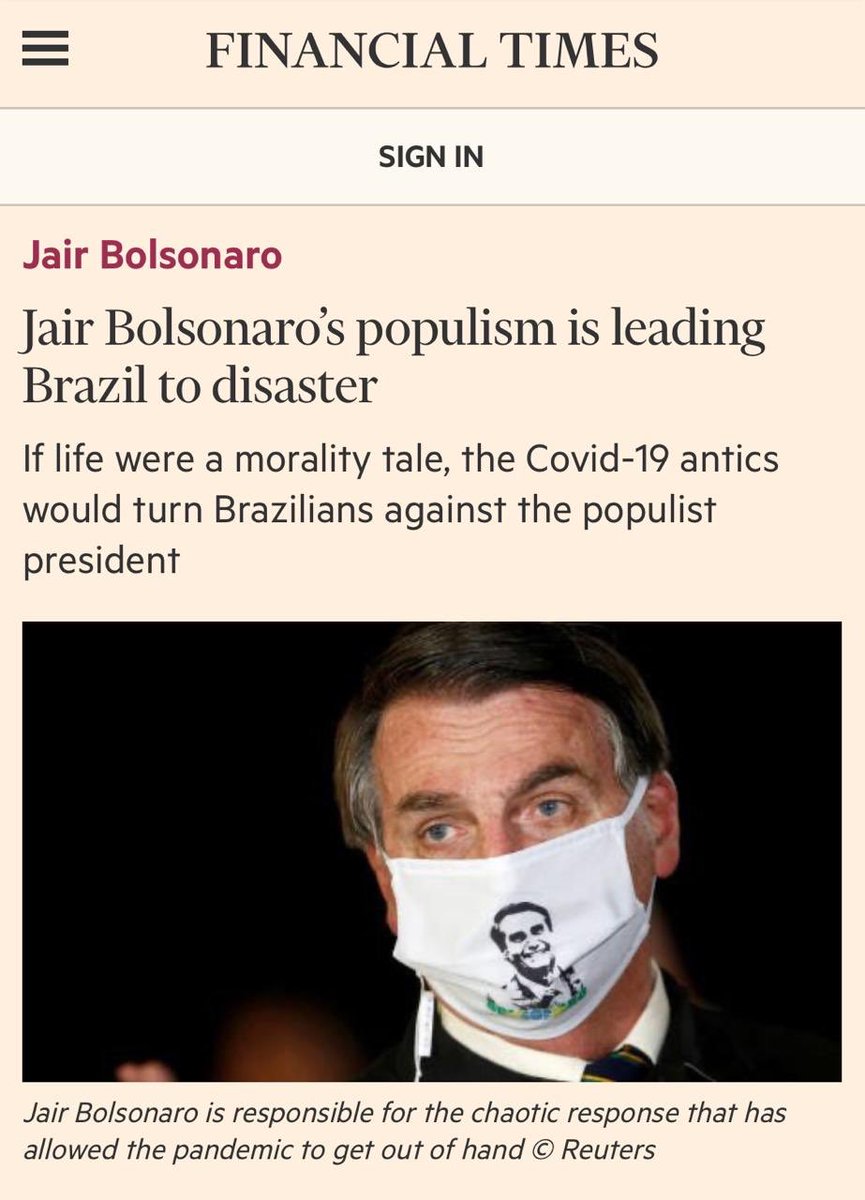 pauloteixeira13's tweet photo. Hoje no jornal Financial Times: Populismo de Jair Bolsonaro esta levando o Brasil ao desastre. https://t.co/KYH1vUy3m9
