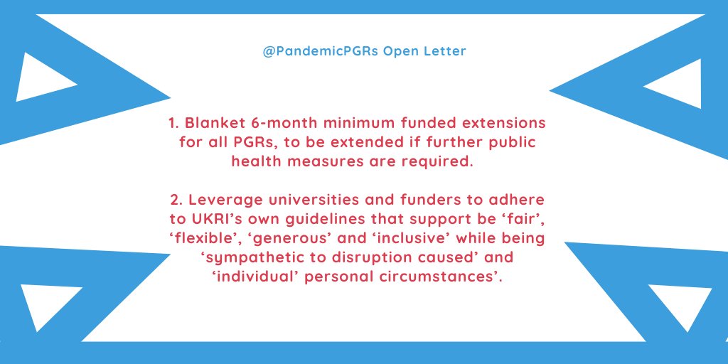 This week, we're going through our demands in our  #PandemicPGRs Open Letter and explaining each one in turn. Today, we're talking about the first two demands! Here's the link to the letter if you haven't yet signed:  https://tinyurl.com/yczzllcq  [1/5]