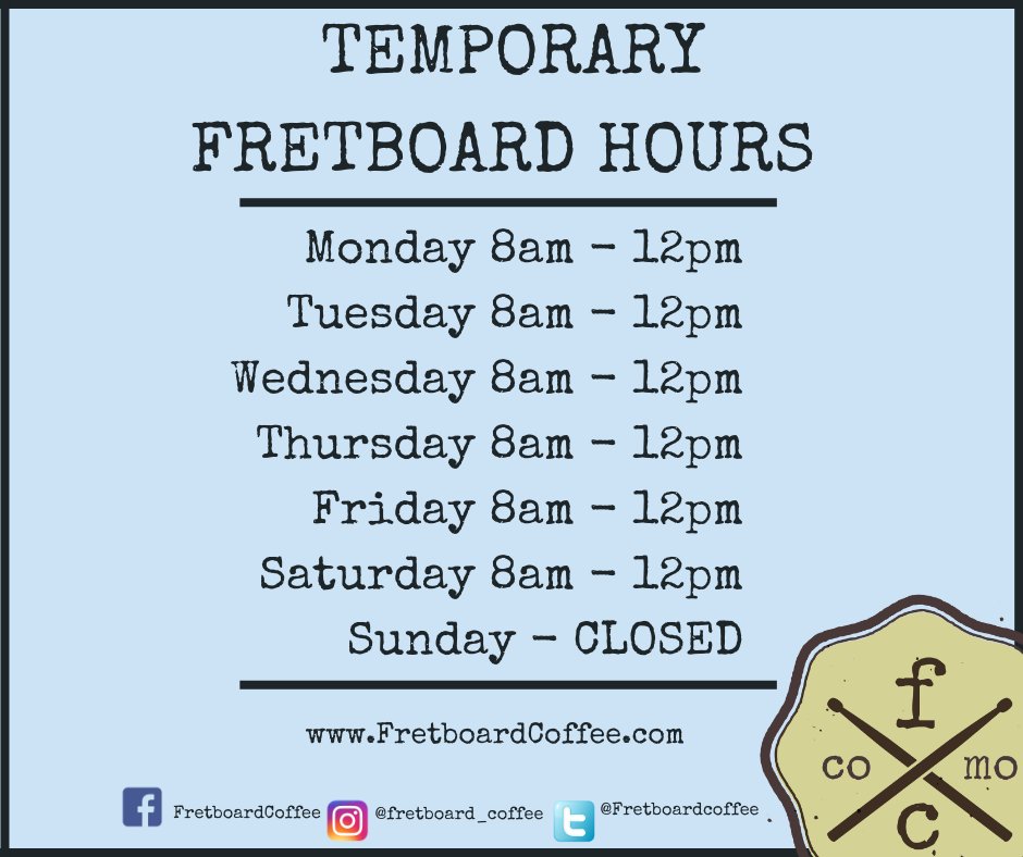 Fretboardcoffee's tweet photo. Its Reopening Day!

New temporary shop hours will be Mondays - Saturdays from 8am - 12pm; close on Sundays. 

#caffeinatecomo #fretboardcoffee #reopen https://t.co/Yx92yx2PyI