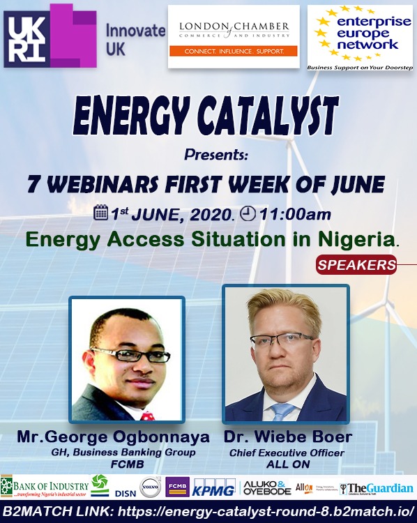belgian_of's tweet photo. The Energy Catalyst Virtual Brokerage Event will kick off with 7 webinars next week, the first week of June 2020.
The first webinar will feature following  renowned speakers : Mr. Wiebe Boer, of ALL ON and Mr. George Ogbonnaya of FCMB, with as topic "The Energy Access Situation. https://t.co/Mak4vPNJV4