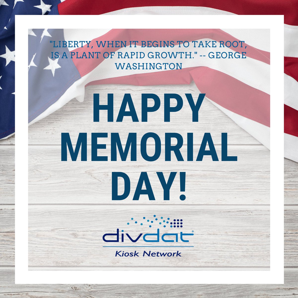 DivDatKiosk's tweet image. &quot;Liberty, when it begins to take root, is a plant of rapid growth.&quot;
― George Washington

#HappyMemorialDay

Government offices remain closed. You can use a #DivDat kiosk at one of 70+ locations or download the app to make your payments.

Download the app: bit.ly/ddkiosks