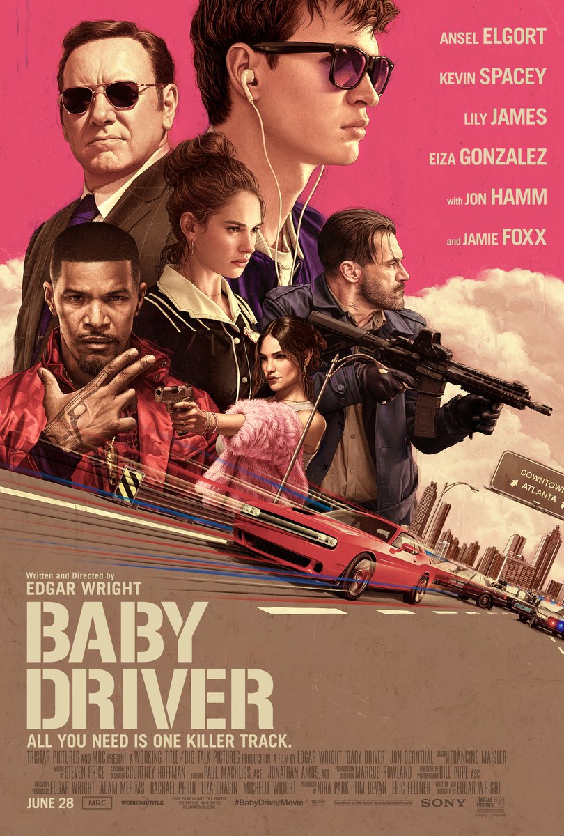Baby Driver, 2017. Art: Rory Kurtz.A brilliant modern illustration depicting action/energy and characters all following a dutch tilt. Bold colour choices all convey the pop-music palette of the film nicely. Great use of the road to place the title block at the bottom.