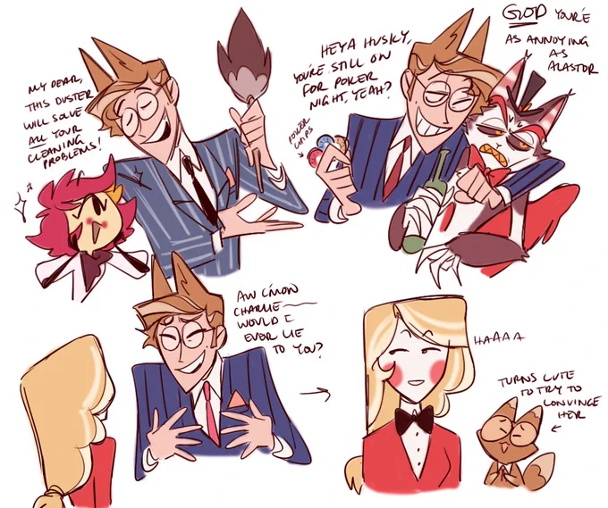 Its been a while haa
Sloppy doodles of some hazbin interactions 
#HazbinHotel #HHOC #HazbinHotelOC 