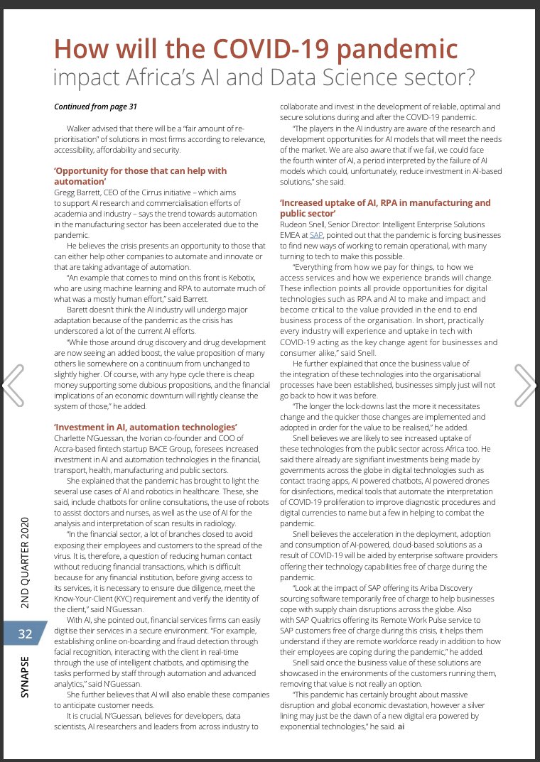 bacehq's tweet photo. Thanks AI Media Group for sharing our updates in the latest issue of Synapse Magazine, The Voice of AI & Data Science in Africa.
Please take a look here: https://t.co/7zg8l75eL2 , page 32, 68 and 73.
#bacegroup #BaceApi #AI #ML #AIExpoAfrica #AIMediaGroup #TheAIBook #Covid19 https://t.co/aD0jD6VSAK