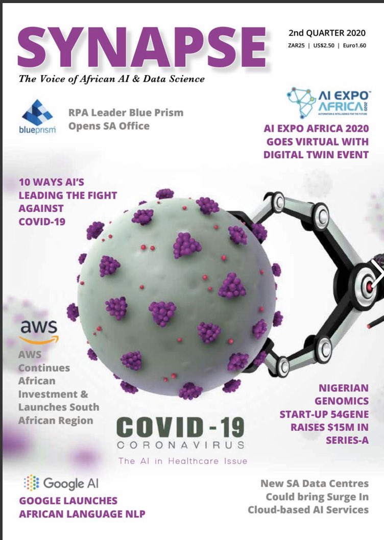 bacehq's tweet photo. Thanks AI Media Group for sharing our updates in the latest issue of Synapse Magazine, The Voice of AI & Data Science in Africa.
Please take a look here: https://t.co/7zg8l75eL2 , page 32, 68 and 73.
#bacegroup #BaceApi #AI #ML #AIExpoAfrica #AIMediaGroup #TheAIBook #Covid19 https://t.co/aD0jD6VSAK