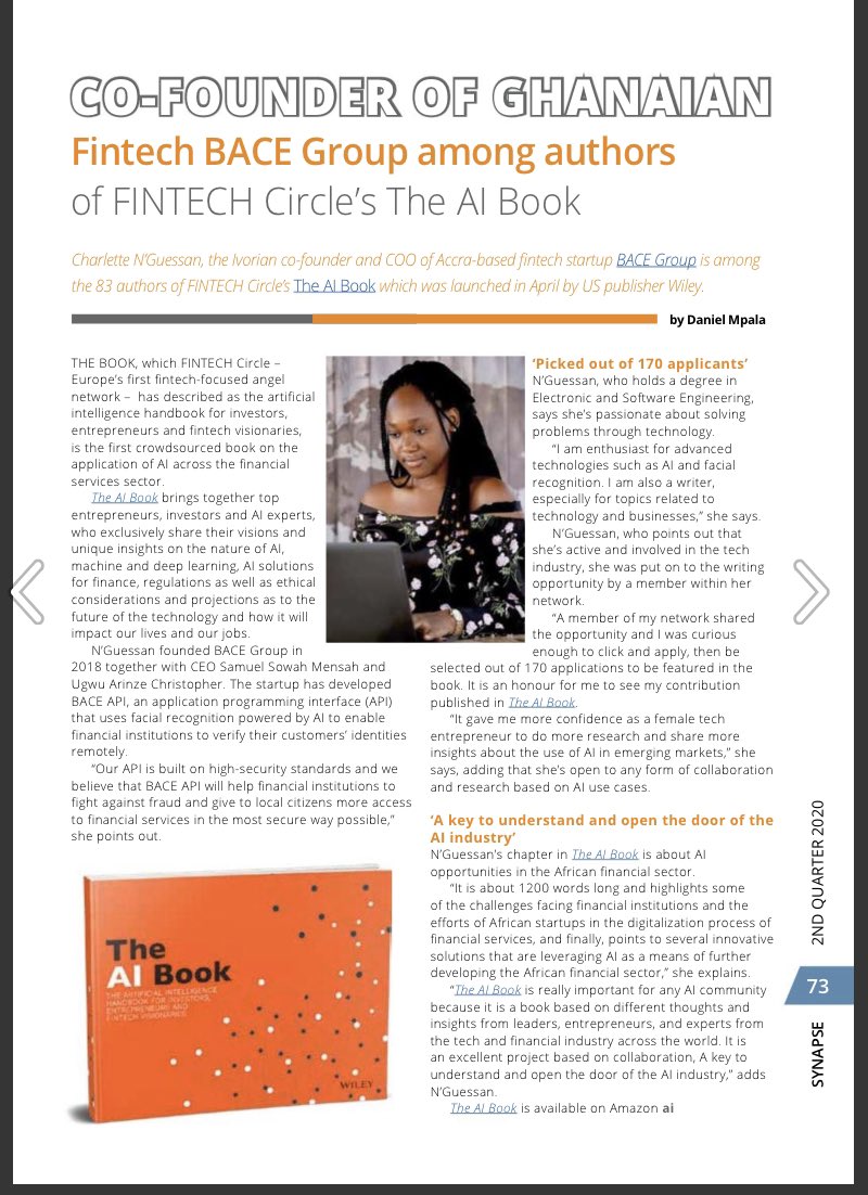 bacehq's tweet photo. Thanks AI Media Group for sharing our updates in the latest issue of Synapse Magazine, The Voice of AI & Data Science in Africa.
Please take a look here: https://t.co/7zg8l75eL2 , page 32, 68 and 73.
#bacegroup #BaceApi #AI #ML #AIExpoAfrica #AIMediaGroup #TheAIBook #Covid19 https://t.co/aD0jD6VSAK