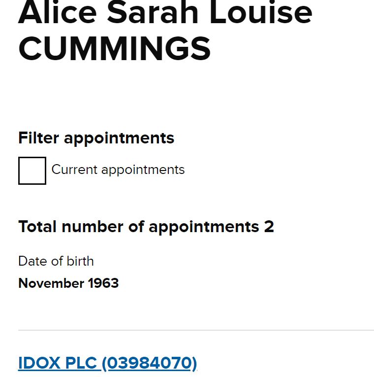 Sarah Alice Louise Cummings born 1963 is a director of IDOX – correctBut is she Dom’s sister?2/6