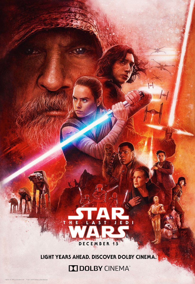 The Last Jedi, 2017. Art: Paul Shipper.A great SW poster that follows in the tradition of its illustrated predecessors. It suggests action and intrigue and the compositon is broken brilliantly by the diagonal lightsaber blade zigzagging into the red/white breakup for the title