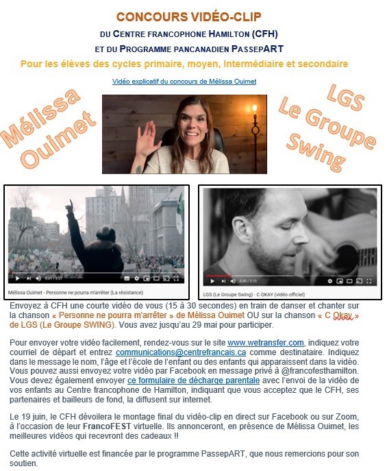 Concours vidéo-clip avec MÉLISSA OUIMET et LGS (Le Groupe Swing).  PRIX à GAGNER!  Élèves du <a href="/CscMonAvenir/">Csc MonAvenir</a>, participez en grand nombre! Infos: cscmonavenir.ca/wp-content/upl…  Merci au Centre francophone Hamilton pour cette excellente activité!