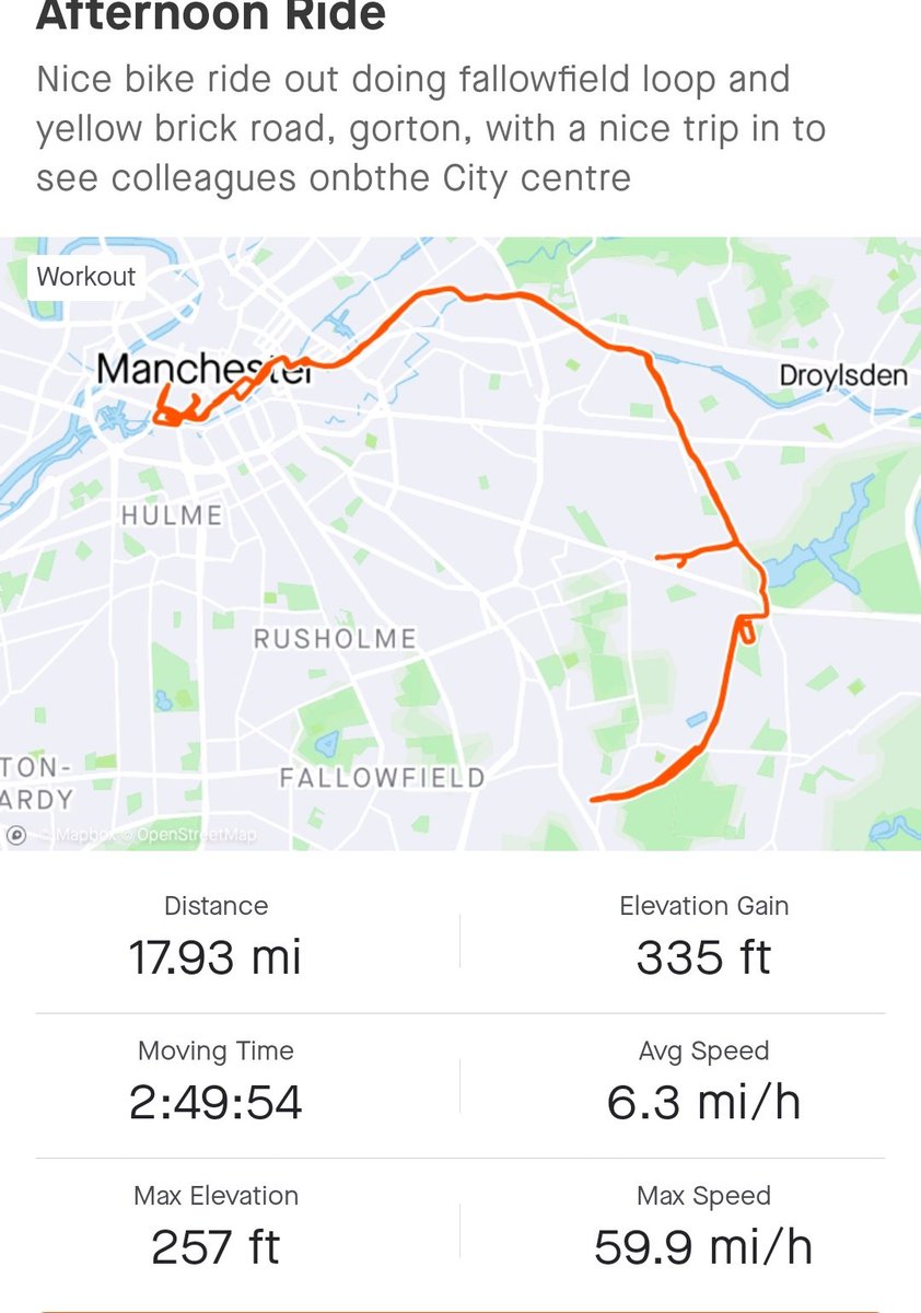 SC_41494's tweet photo. Nice 17.9 mile bike ride in @GMPGorton doing the fallowfield loop and yellow brick road. Dont think I did 59.9mph though.
#bikeride #legsaredead https://t.co/nLK0tYZfBU