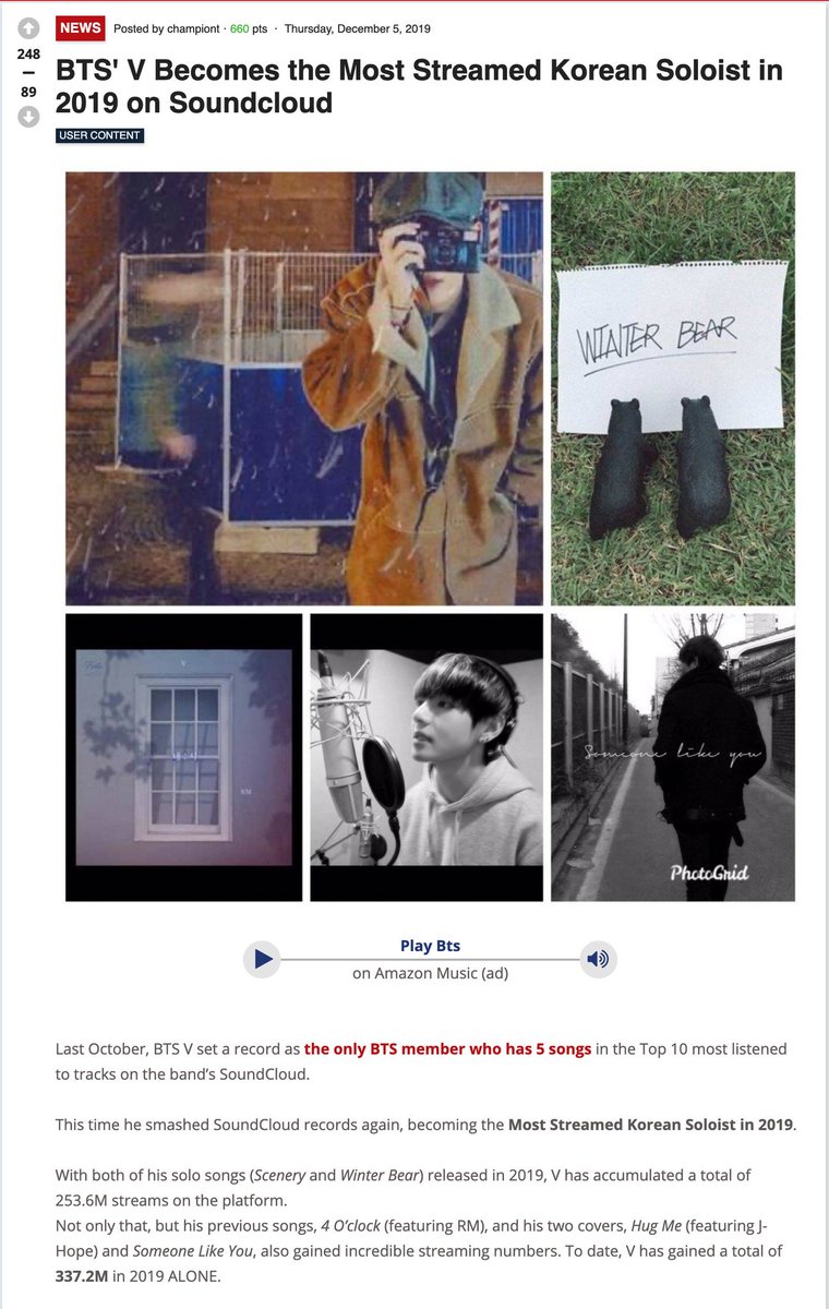 In 2019 Taehyung is  #1 in BTS on SC with over 337M streams which contributes to 36.5% of the BTS total streams for the whole year.