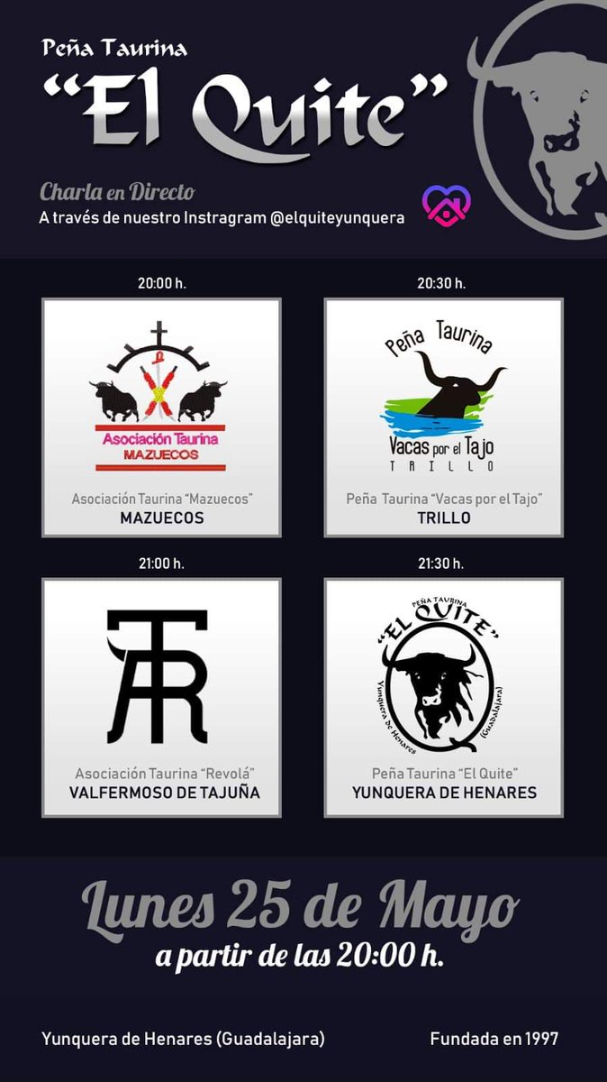 Esta tarde-noche estaremos en directo a las 21:00, a través de Instagram, en las charlas que ha organizado la Peña Taurina "El Quite" de Yunquera de Henares.

El directo se podrá ver a través de los perfiles de la propia peña "El Quite" y del perfil de nuestra asociación.