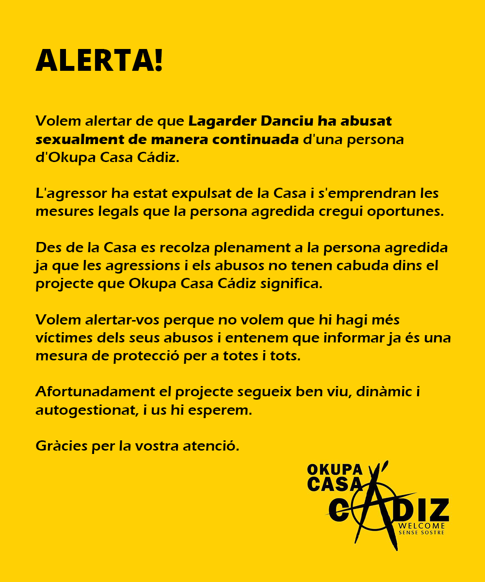 SenseSostreBCN's tweet photo. Comunicado de Okupa Casa Cádiz https://t.co/kaTqLqZrWL