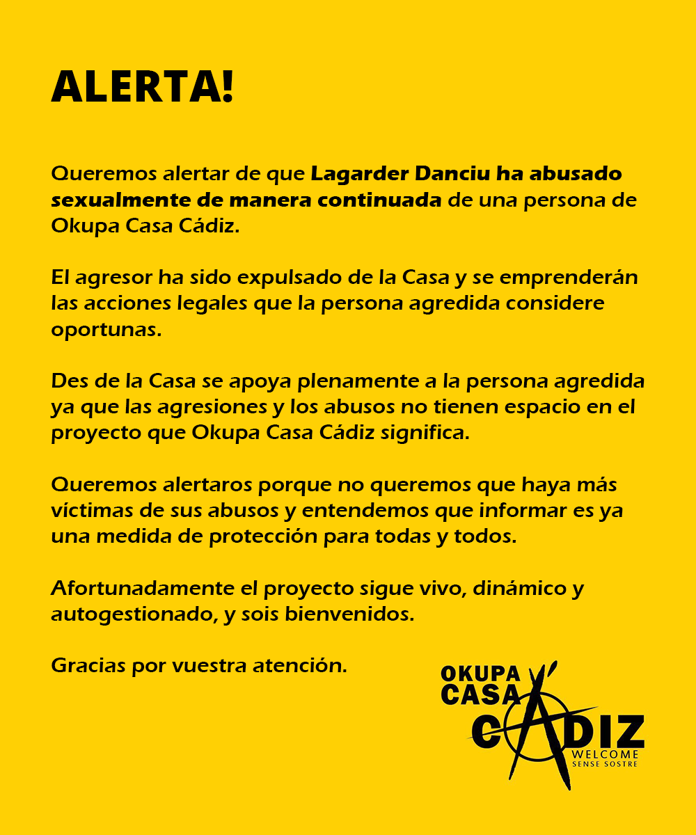 SenseSostreBCN's tweet photo. Comunicado de Okupa Casa Cádiz https://t.co/kaTqLqZrWL