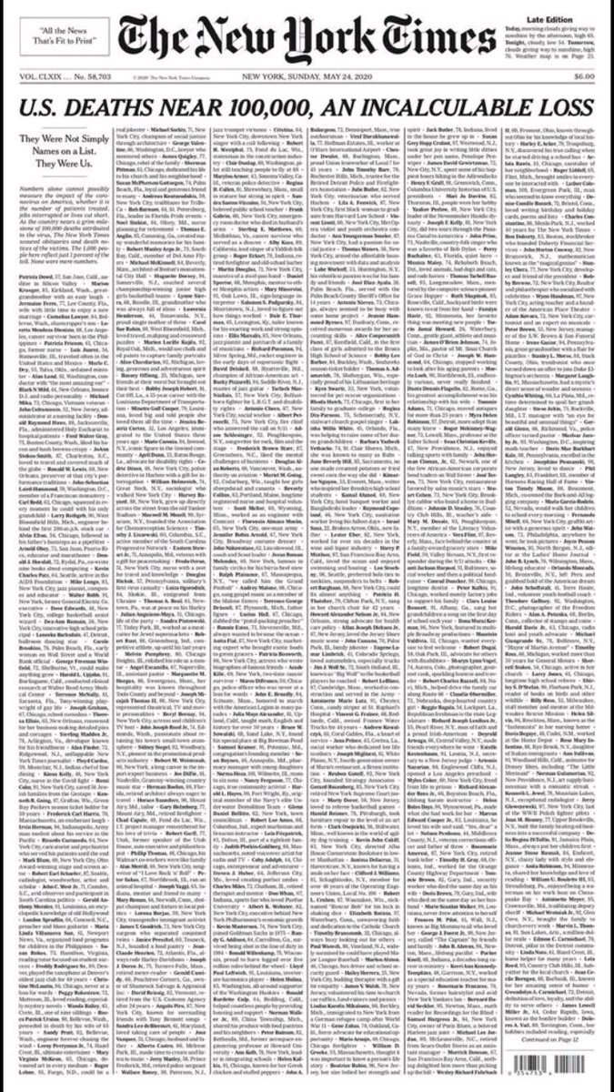 arey's tweet photo. Impresionante la portada que el @nytimes dedica a los 100 mil muertos en USA por la Covid#19. Arranca su lista asi: "They were not simple mames on a list, they were us" https://t.co/8rxdqhgrX4