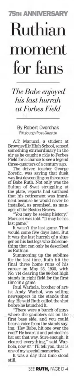 Ruth's home runs were the last of his legendary career. A 2010 Pittsburgh Post-Gazette article remembered the game: