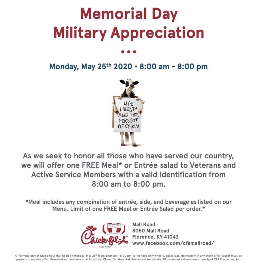 Happy Memorial Day! Today we honor those who have served and sacrificed for our freedom. 🇺🇸 We will be open from 8am to 8pm today.