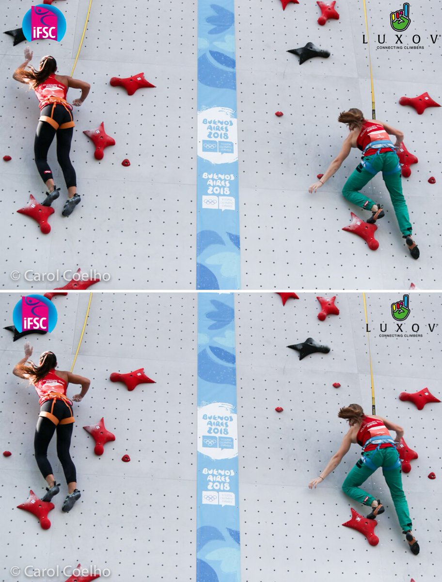 worldclimbing's tweet photo. The Speed Climbing walls at @BuenosAires2018 were decked out with the latest hold technology provided by IFSC sponsor, Luxov. Can you spot the differences between these two walls? #YOGthrowback https://t.co/L83FLXl6vO