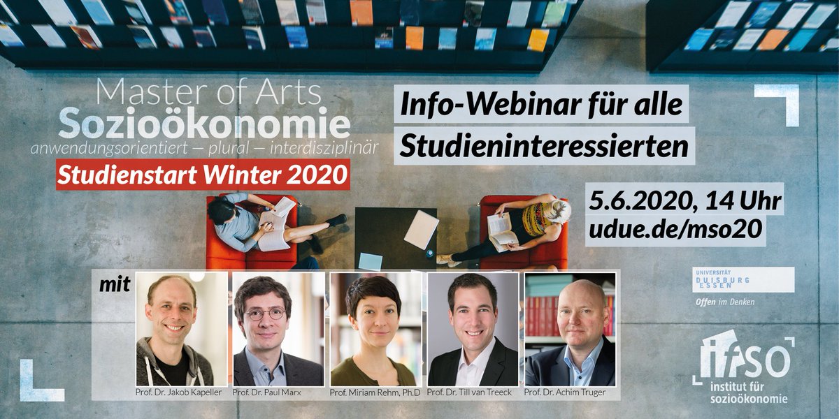 Der MA Sozioökonomie geht in sein zweites Jahr. Schon jetzt haben wir zahlreiche Bewerbungen für das Wintersemester 2020/21 erhalten! &gt;&gt; Für alle Studieninteressierten gibt es am 5.6. um 14 Uhr ein Info-Webinar: uni-due.de/soziooekonomie…
x.com/ifso_due/statu…
