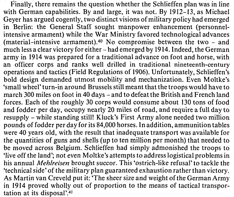 There's a counterfactual here: had Berlin not invested in the navy so much, would the Schlieffen Plan have been more in line with German capabilities? Hard to answer given the pathologies of Germany's military planning and fiscal situation. 5/Source:  https://www.tandfonline.com/doi/pdf/10.1080/01402398608437248