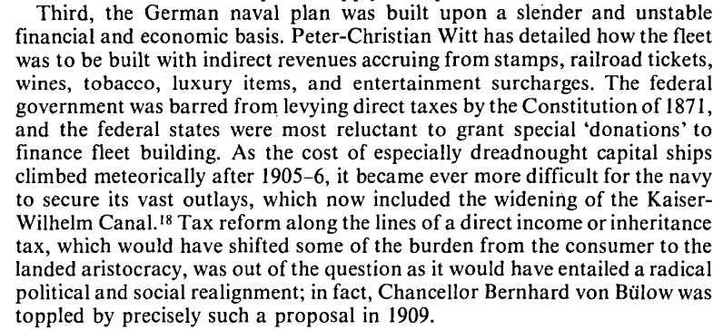 There's a counterfactual here: had Berlin not invested in the navy so much, would the Schlieffen Plan have been more in line with German capabilities? Hard to answer given the pathologies of Germany's military planning and fiscal situation. 5/Source:  https://www.tandfonline.com/doi/pdf/10.1080/01402398608437248