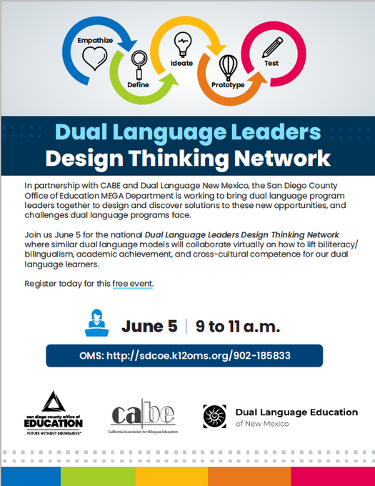 DLELnetwork's tweet photo. Register: https://t.co/vEbmU6nhNn
@MEGASDCOE launches 
National Dual Lang Leaders Design Thinking Network 
June 5 
9-11AM
Address DLI current challenges, recognize &amp; seize opportunities together 
@DualLangSchools @DualLangChat @MultilingualCA @CABEBEBILINGUAL @DLeNM @SanDiegoCOE https://t.co/utGBOkVcd6