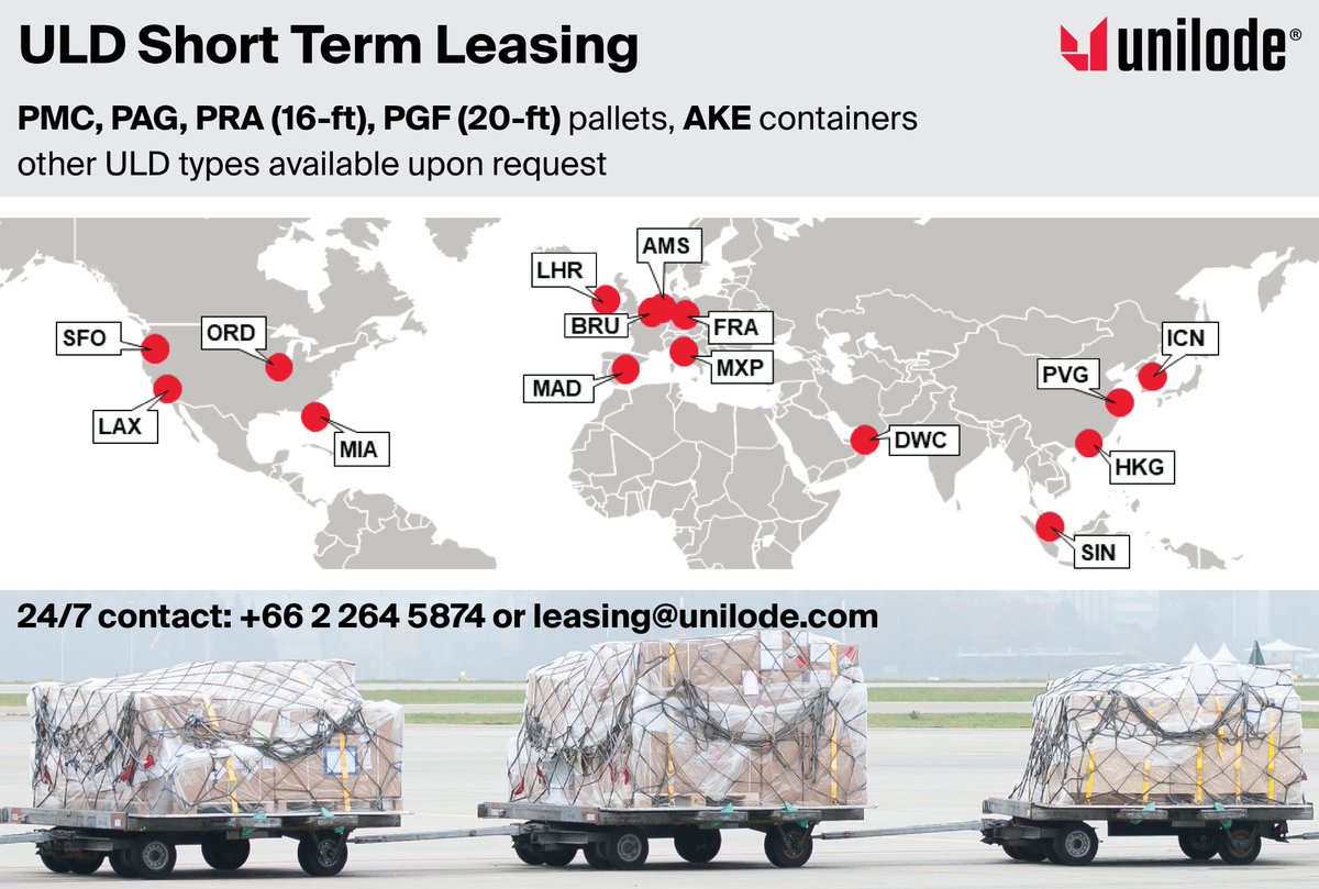 unilode's tweet photo. Need ULDs for your cargo flights? 
Contact Unilode 24/7 for your PMC, PAG, PRA, PGF and AKE needs at 15 key cargo hubs (AMS, BRU, DWC, FRA, HKG, ICN, LAX, LHR, MAD, MIA, MXP, ORD, PVG, SFO, SIN): leasing@unilode.com, +66 2 264 5874 
#aircargo #leasing #ULD #cargohandling #unilode https://t.co/nENcg7lYDL