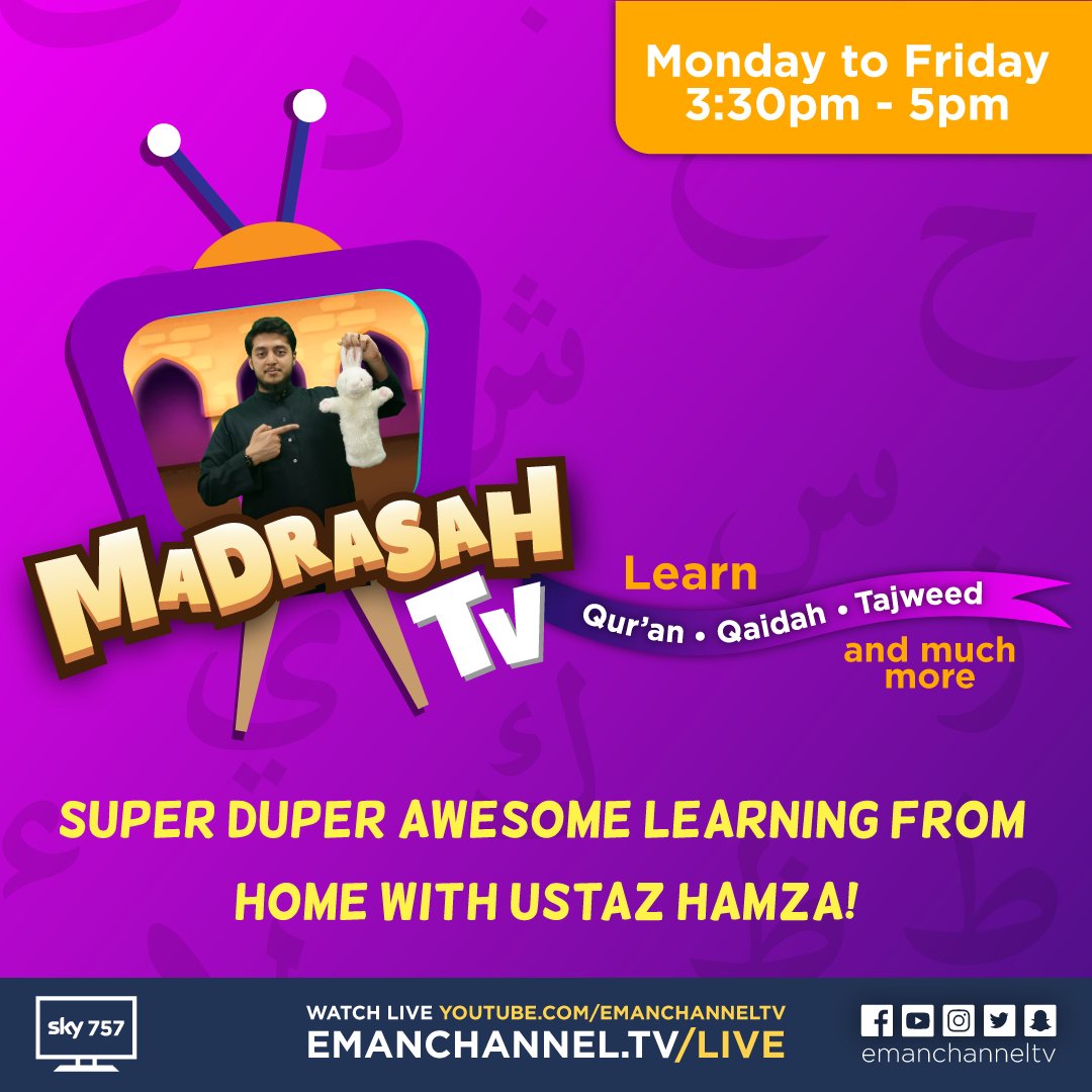 EmanChannelTV's tweet photo. Assalamu Alaikum Kids, brothers and sisters! Are you stuck at home? Is your Madrasah closed?

We're still here and streaming live every day from Monday to Friday at 3:30PM! Join us today! 

#EmanChannel #Madrasahtv #muslimkidstv #Quran #Tajweed #Educational #stayathomelearning https://t.co/DTKRoyM3Jg