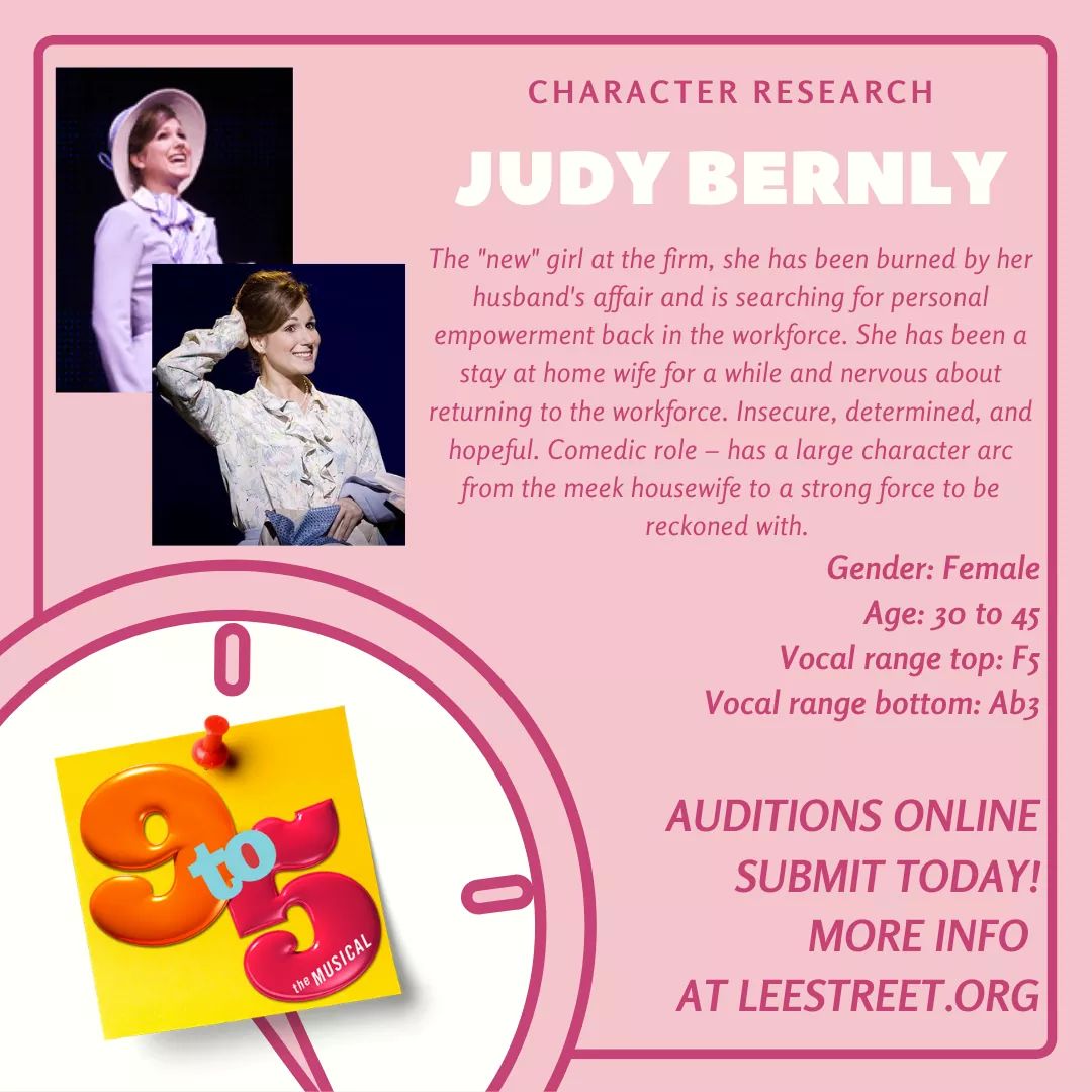 Auditions for Judy and all other roles are being held via Video Submission Online.  More audition information, including sides and songs with backing tracks, can be found at our audition website:

auditionsmanager.com/submission.php…