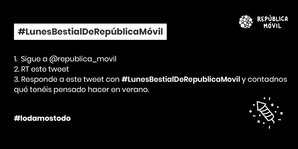 ¡SORTEAMOS 50 BONOS DE 5GB! 👏

Hoy es el último #LunesBestial de la temporada 😊 ¡No os preocupéis que volveremos pronto! 😉 

Mientras tanto… ¿Qué haréis?
#LunesBestialdeRepúblicaMóvil

Bases Legales: bit.ly/3d1M56Z