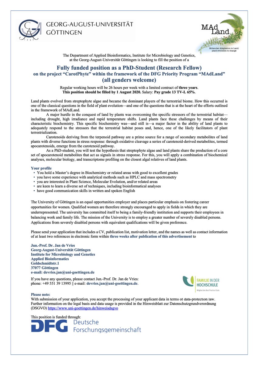 Jan_de_Vries's tweet photo. Pls RT: Interested in #plant #evolution &amp; want to use #biochemistry &amp; #genomics / #transcriptomics to study streptophyte #algae ? Checkout the PhD student position in my lab @uniGoettingen -- fully-funded via @dfg_public MAdLand https://t.co/NhWIfKl244 --> https://t.co/mrhKpQqWny https://t.co/T2tguZ3RqD