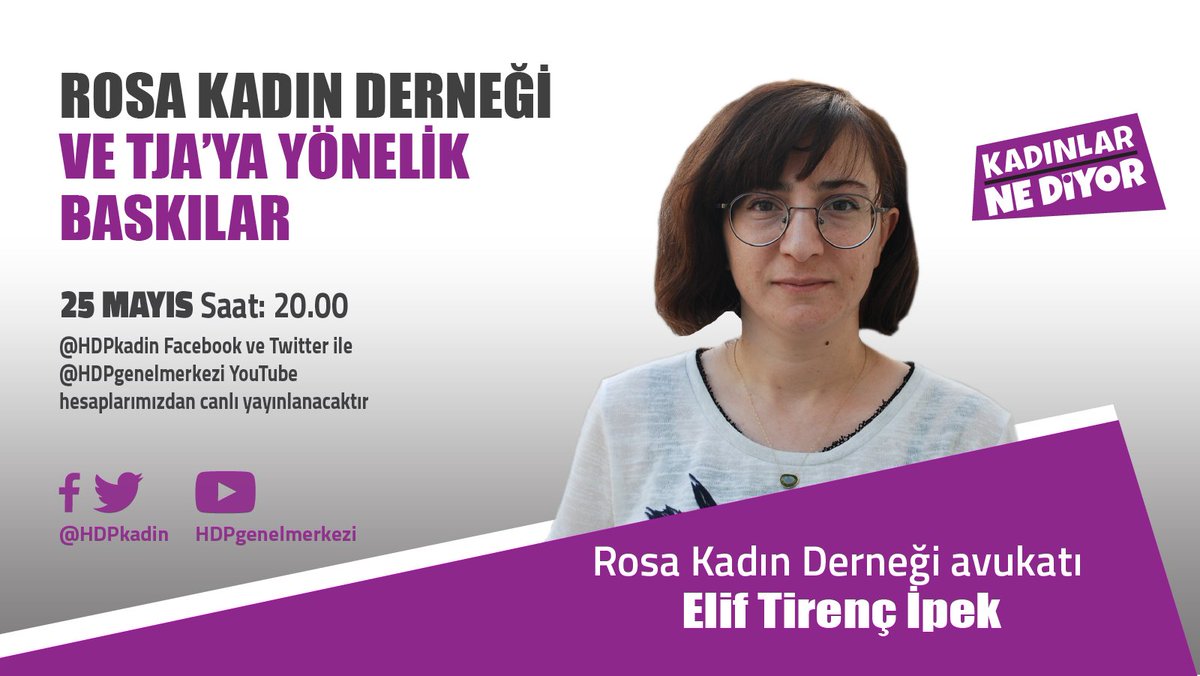 Bu akşam saat 20.00’de yapacağımız “Kadınlar Ne Diyor?” programımızda Rosa Kadın Derneği ve TJA’ya yönelik baskıları konuşacağız. Konuğumuz, Rosa Kadın Derneği avukatı Elif Tirenç İpek. Yayınımızı, sosyal medya hesaplarımızdan takip edebilirsiniz 👇