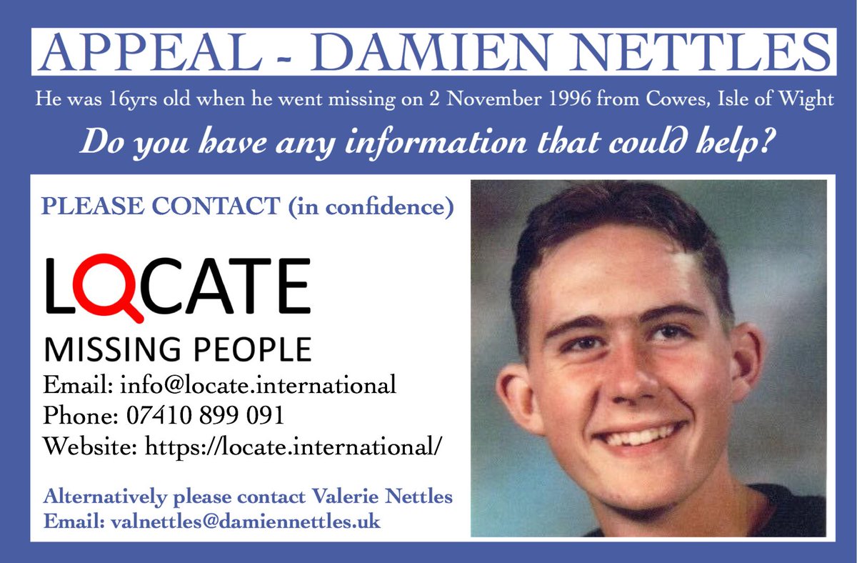 MisPersSupport's tweet photo. Damien Nettles was 16yrs old when he went missing on 2 November 1996 from Cowes, Isle of Wight @DamienNettles @Valnettles1 @Locate_CIC @clyons_wilts #DamienNettles #IMCD2020 #InternationalMissingChildrensDay https://t.co/R6wbAnUCcw