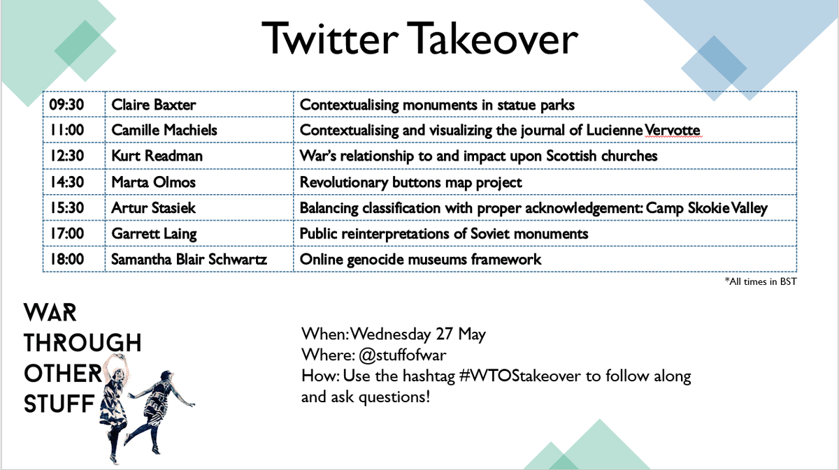 stuffofwar's tweet image. We are very pleased to share the programme for the #WTOStakeover on Wednesday! Graduates from the MLitt in Conflict Archaeology @UofGBattleArch will be sharing their research via Twitter threads. All of the tweets will be shared from our account so make sure you are following!