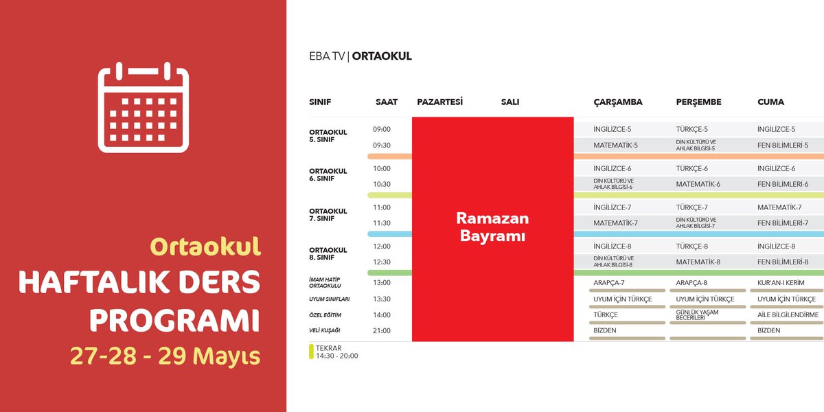 teknogretmenler's tweet photo. 27-29 Mayıs EBA haftalık ders programı. 🧐
#EvHayatDolu🏡 #TRTEBATV #ebadersprogramı https://t.co/GK779D9mSN