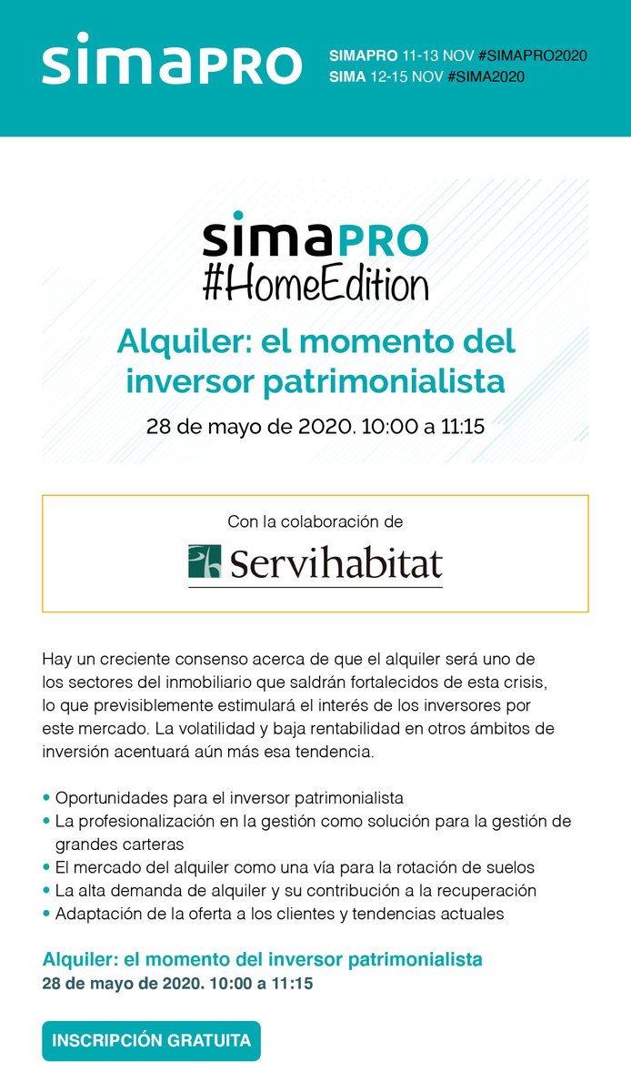 SAVE THE DATE! 🗓️Este jueves 28 a las 10 h vuelve #SIMAPROHomeEdition con “Alquiler: el momento del inversor patrimonialista” No te lo pierdas y apúntate ya a través de este enlace 👇✍️

simapro.net/home-edition/a…