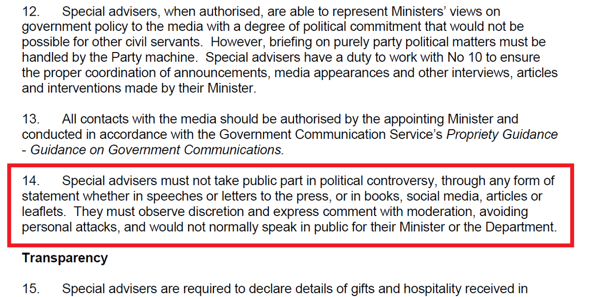 mikegalsworthy's tweet photo. Code of Conduct for Special Advisers is dead clear.

"Special advisers must not take part in political controversy, through... speeches"

Read for yourself: https://t.co/kHJxB7J9Rl https://t.co/TDiHjbb95l