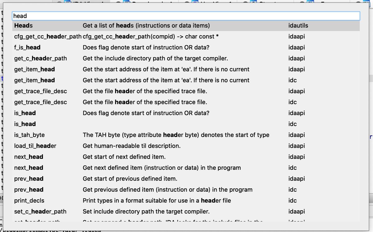 I made this great IDA plugin work on IDA 7.5 and Python 3. It's very helpful when you are writing IDA scripts :) Give it a try: github.com/0xKira/api_pal…
