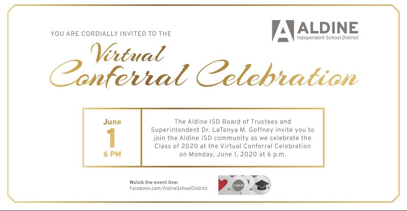 Countdown! Mark your calendars seniors, families and <a href="/AldineISD/">Aldine ISD</a> community! 6 more days before we celebrate our #AISDClassof2020.