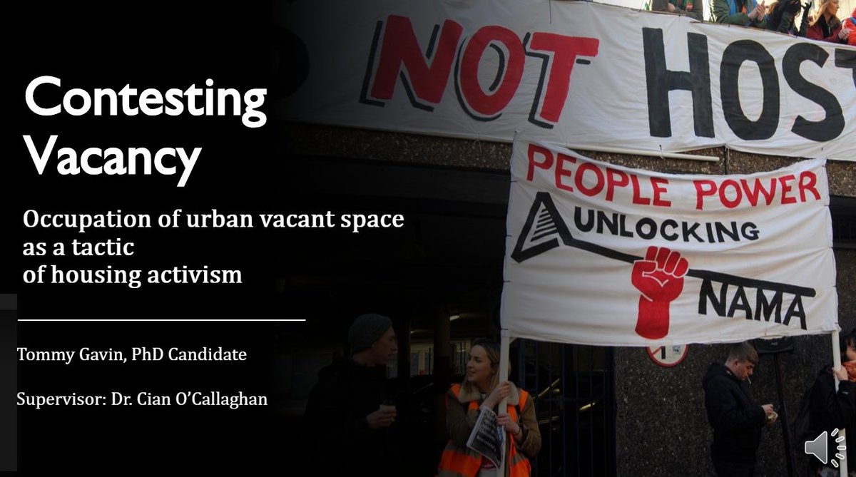 And Rob now passes the baton to 1st Year PhD student  @togabh - supervised by  @CiantOCallaghan as part of a prestigious  @tcddublin Provost's Award (Rob also on one of these superb projects with  @megafloods, btw) - to investigate urban vacant space and housing activism.