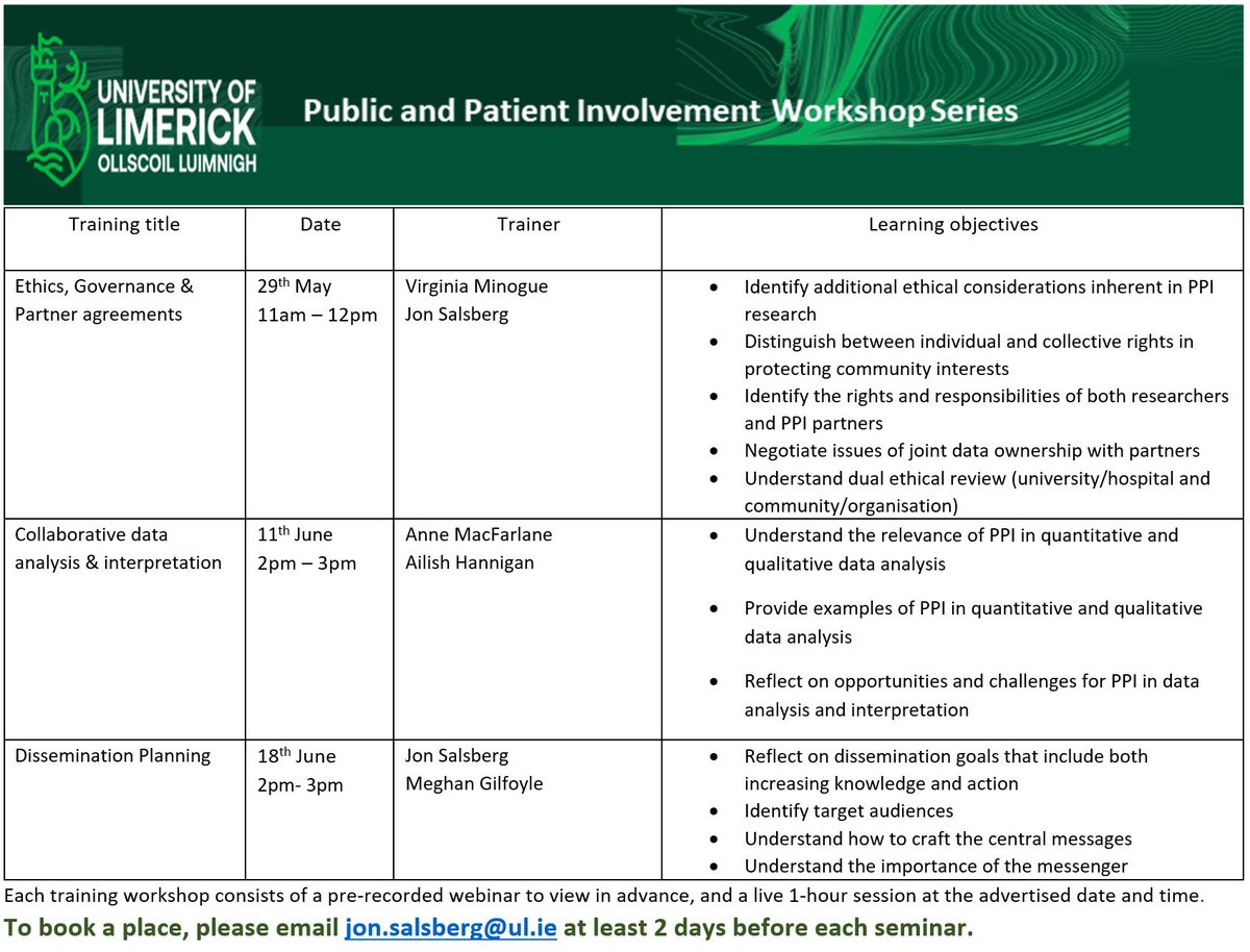 Can't wait for the #PPI summer school? Here are 3 upcoming workshops to tide you over. 1st one is this Friday (Ethics). Book now in time to watch the recorded webinar in advance of the live session. mailto:jon.salsberg@ul.ie