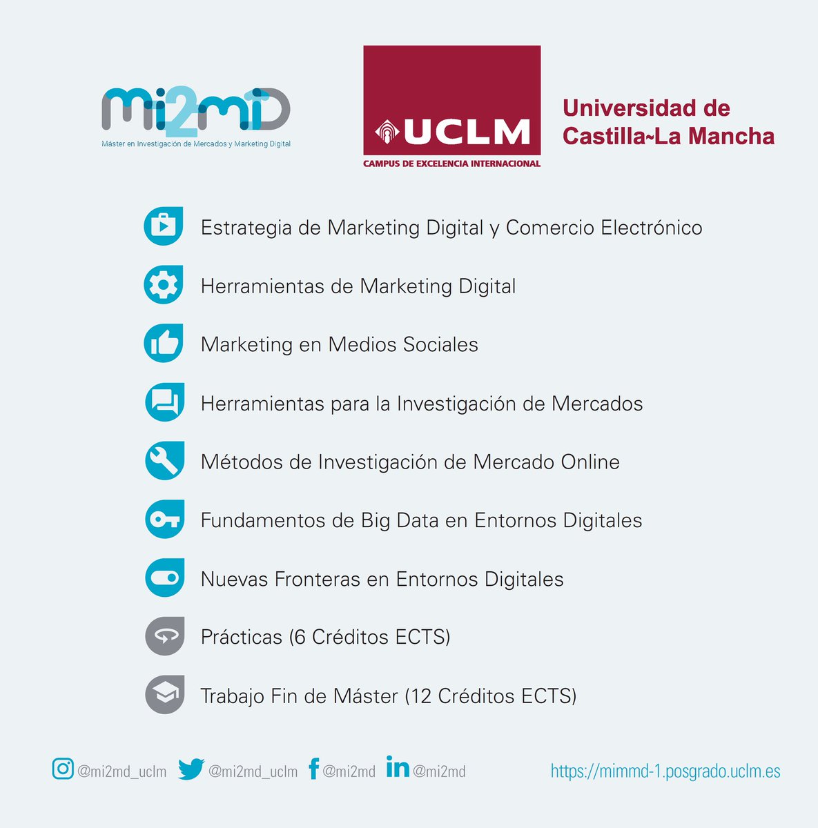mi2md_uclm's tweet photo. ¡Plan de estudios! Si quieres, puedes cursar 30 Créditos ECTS de Especialista en Marketing Digital (#eMD) o Especialista en Investigación de Mercados Digital (#eIMD).
🚀 ¡Conectando el marketing y la investigación digital para tu futuro profesional! #PlandeEstudios https://t.co/J7z9fXQxav