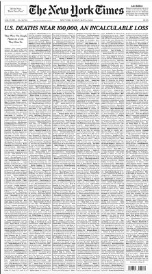 mich261213's tweet photo. The New York Times: на главной странице поименно перечисляют тысячу человек, умерших от ковида. Сопровождают каждое имя кратким некрологом. 
Пишут: «Это не просто список, они были одними из нас».
Глава информцентра по коронавирусу Мясников: «Кому положено умереть — помрут». https://t.co/ZKtRXnLRmi