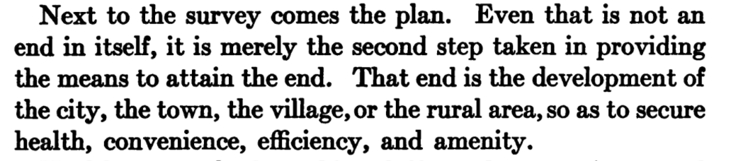Adams thinks the plan should be sliced up according to the four goals of planning: health first, then convenience, efficiency, and amenity. This 1917 focus on human health in cities is radical compared to the auto-centric planning of today.
