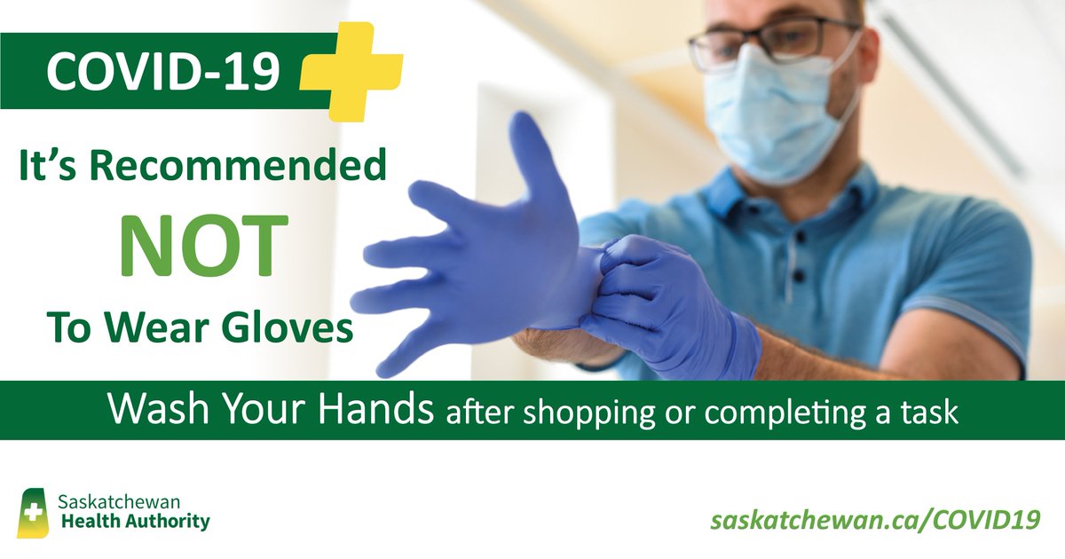 SaskHealth's tweet photo. ICYMI: Gloves are worn to avoid cross-contamination. That means they should be worn for one activity only or washed between uses if reusable.

Instead of wearing gloves, it's better to thoroughly wash your hands (20 secs) after going out or having completed a task.

#COVID19SK https://t.co/b8VWp1lJjP