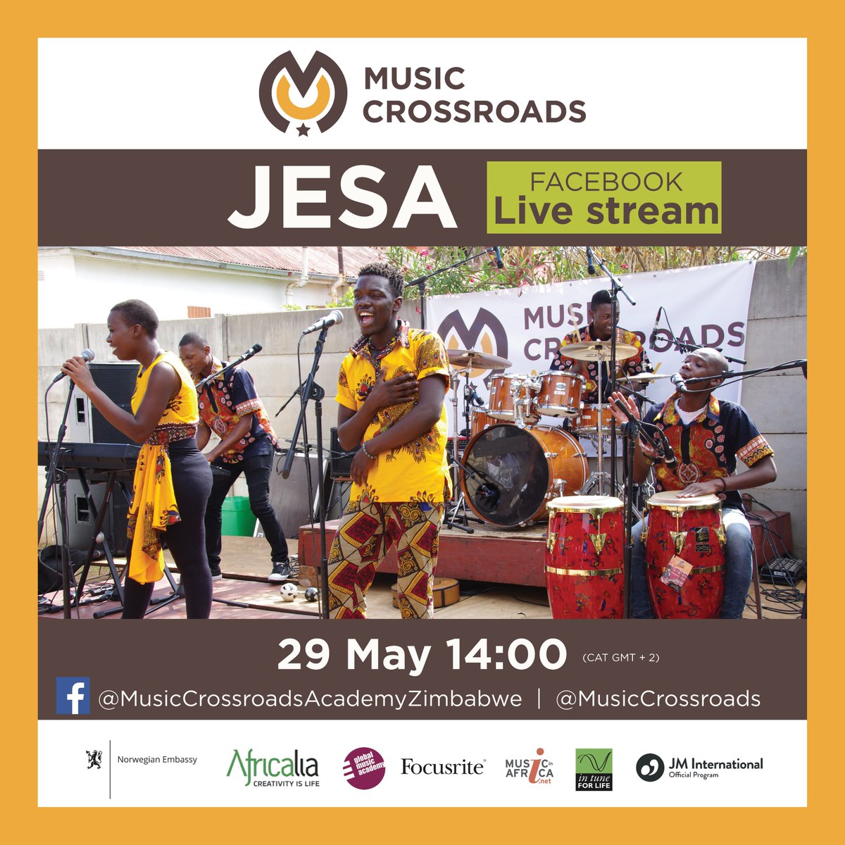 Music Crossroads Academy Zimbabwe is going live Friday 29th May at 14:00! 

Don't miss this energetic live performance by <a href="/Jesaband/">Jesa Family</a>  🥁🎤

Tune in to our Facebook page on Friday to hear these talented musicians perform live from Music Crossroads Academy Zimbabwe! 🎶