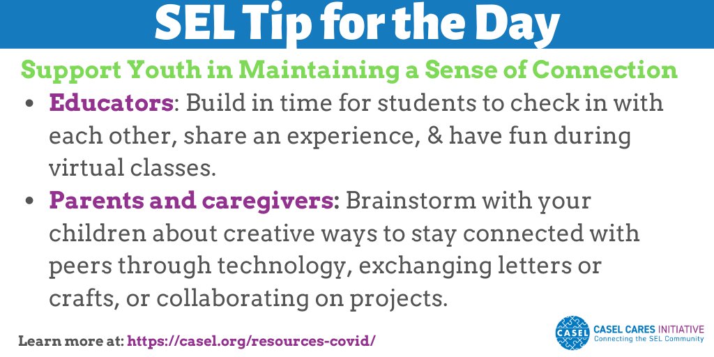 caselorg's tweet photo. As quarantine for #COVID19 continues, youth will need a sense of connection to thrive &amp; maintain momentum. For more information &amp; resources about how #SEL can provide support during #COVID19, visit the #CASELCARES resources webpage: https://t.co/5hxyZjuutd https://t.co/ulmf8RJ9TY