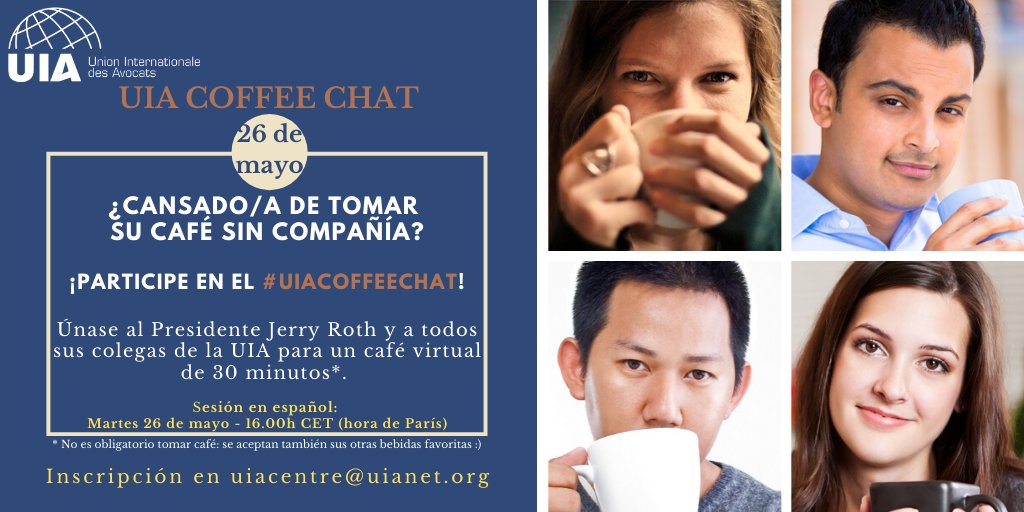 UnionIntAvocats's tweet photo. Segundo #UIACoffeeChat en español para compartir sus experiencias de confinamiento y desconfinamiento y cómo esta situación impacta a la abogacía.
#UIATogether https://t.co/R0XwdQjFYE
