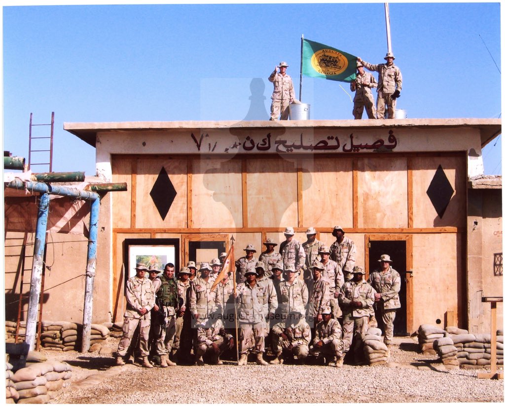 augustamuseum's tweet photo. Wishing everyone a safe Memorial Day. We’d like to take a moment to thank the U.S. Military and to remember those who died in service. 🇺🇸 Image: 28 US soldiers in front of building in Iraq; three soldiers are on roof holding City of Augusta flag. #augusta #memorialday #thankyou https://t.co/zgvwMGrdhS