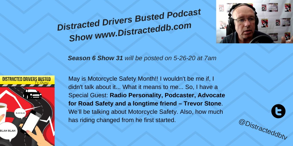 Next Podcast Show I am talking about Motorcycle Safety... Yes... May is Motorcycle Safety Month... But, I think it should be every Month and every Day... So, on 5-26-20 I'll have my friend and Radio Personality Trevor Stone.. We are talking Road Safety... This Tuesday at 7am